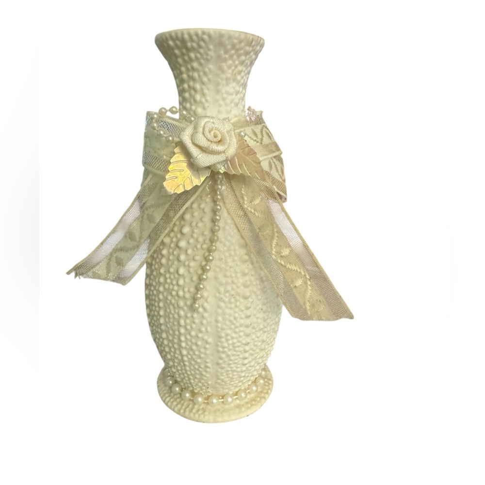 Elegant Cream Textured Mini Vase‎ with Bow 5” Wedding Decor Rustic Kitchen Chic